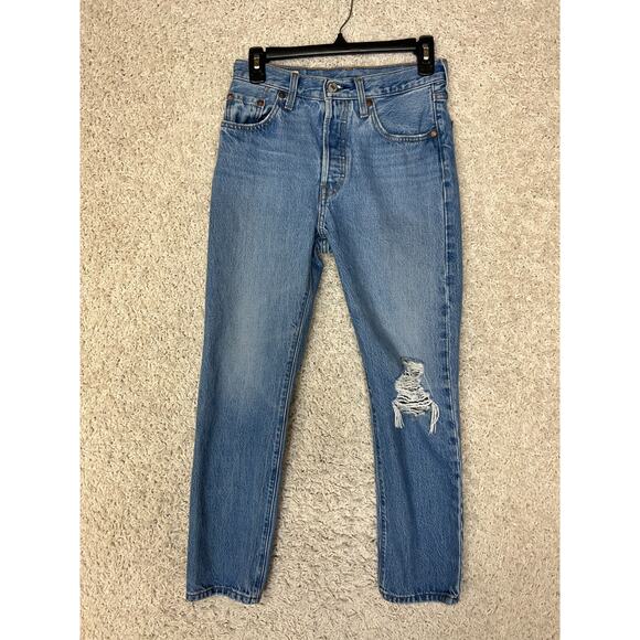 Levis 501 Jeans Women 25 Straight High Rise Denim Button Fly Distressed 25x28 - Picture 1 of 12